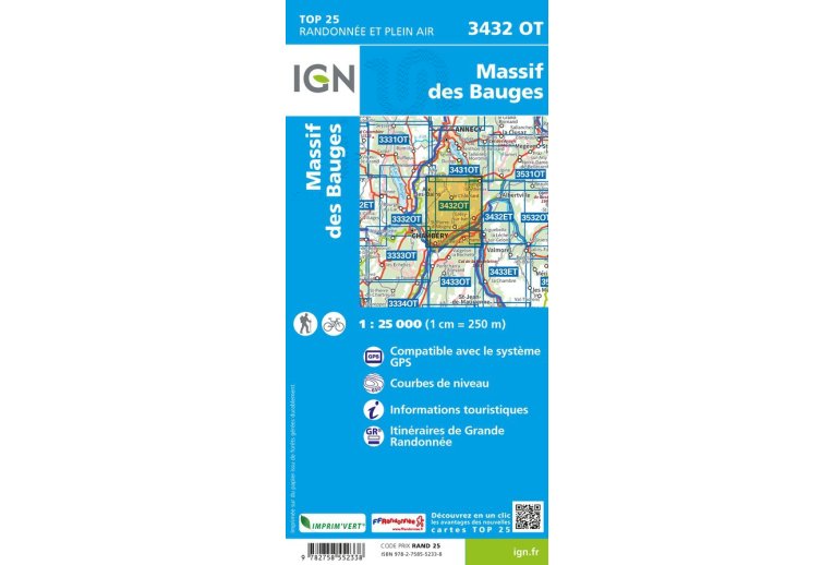 Carte IGN Massif des Bauges 3432OT