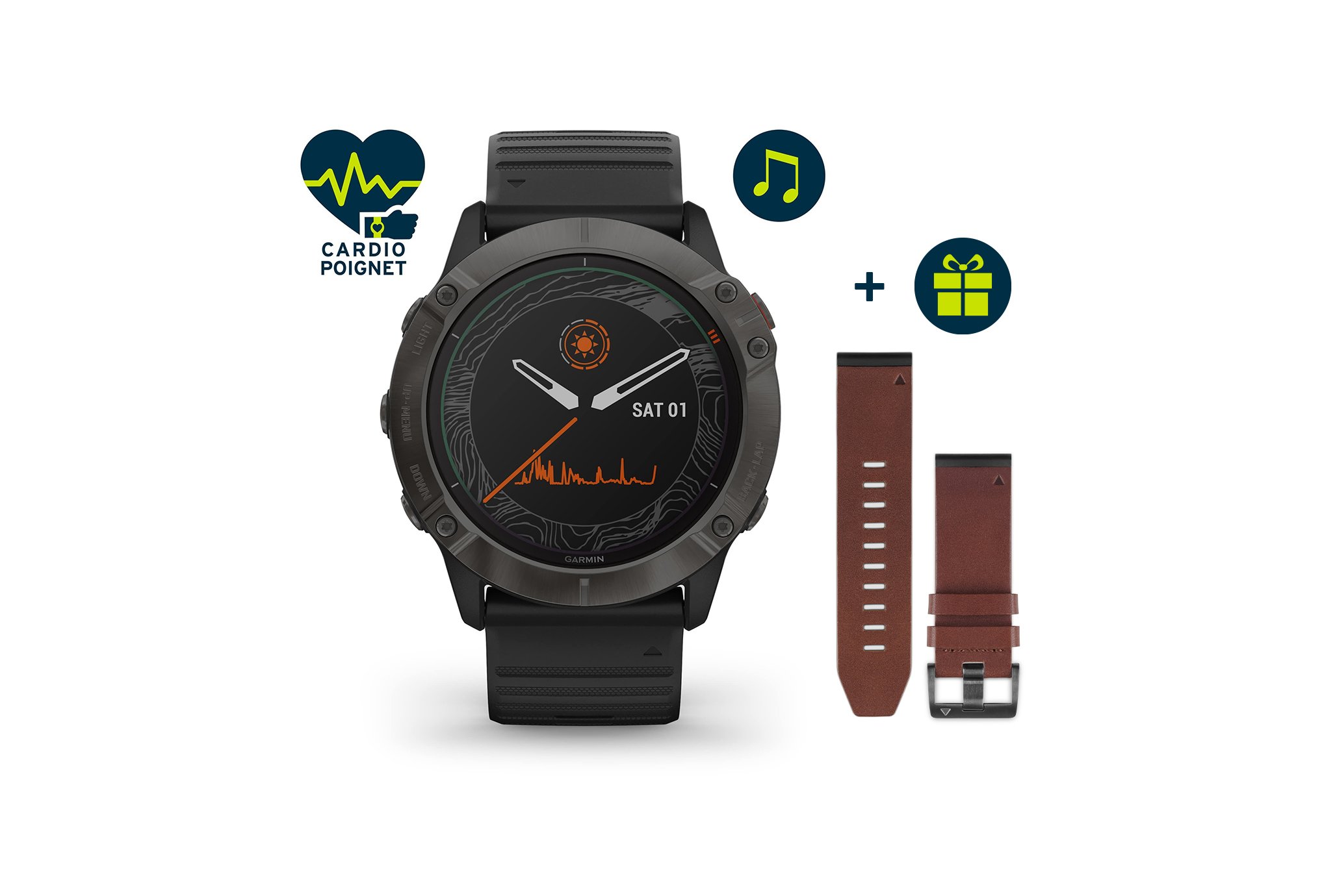 Garmin Fenix 6X Pro Solar Titane et bracelet cuir QuickFit 26 mm offert Cardio-Gps