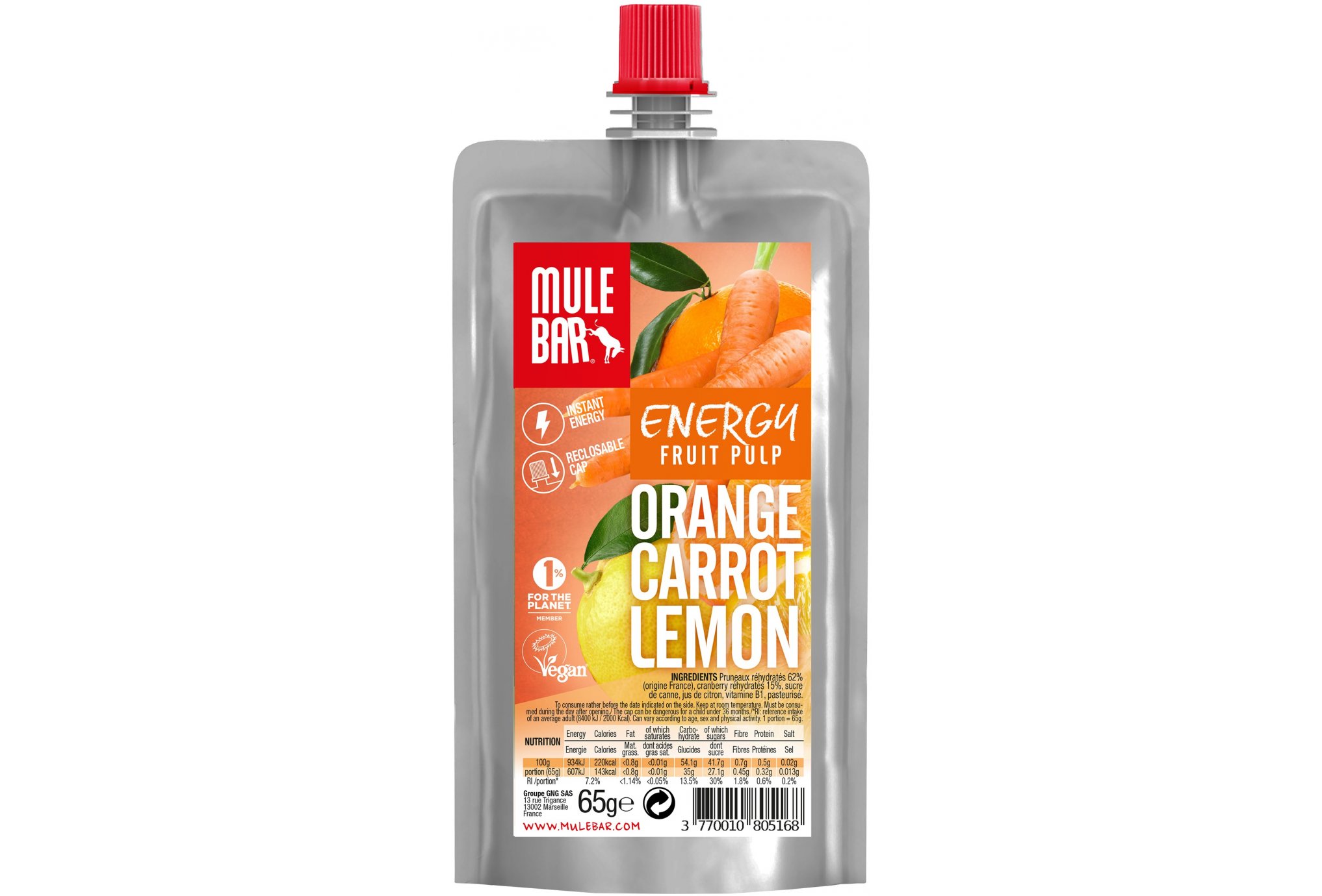 Mulebar Pulpe de fruits vegan - orange/carotte/citron diététique gels