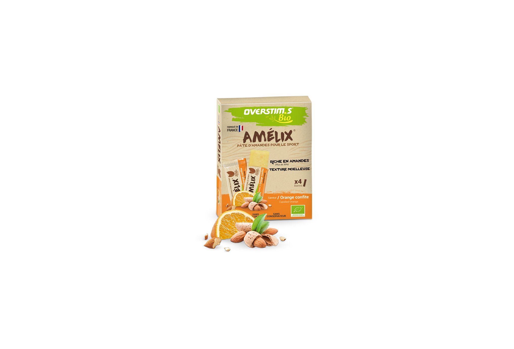 OVERSTIMS Étui 4 pâtes d'amandes Amélix Bio - Orange confite Diététique Barres